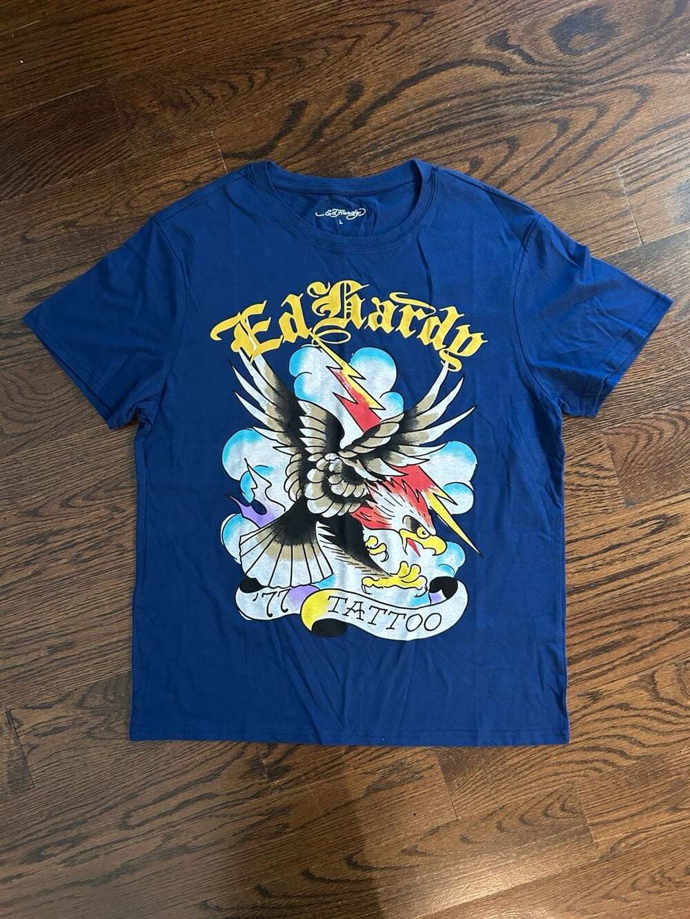 Ed Hardy Lightning Eagle Tattoo Short Sleeve T-Shirt Size L Navy